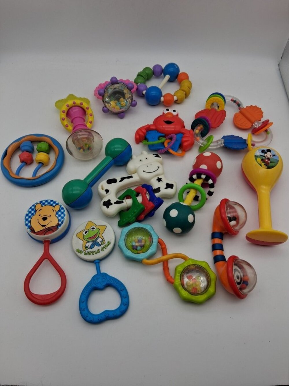 14 Vintage Baby Rattle Toy Lot Smiley Cow Rattle Pooh Mickey Teethers Retro